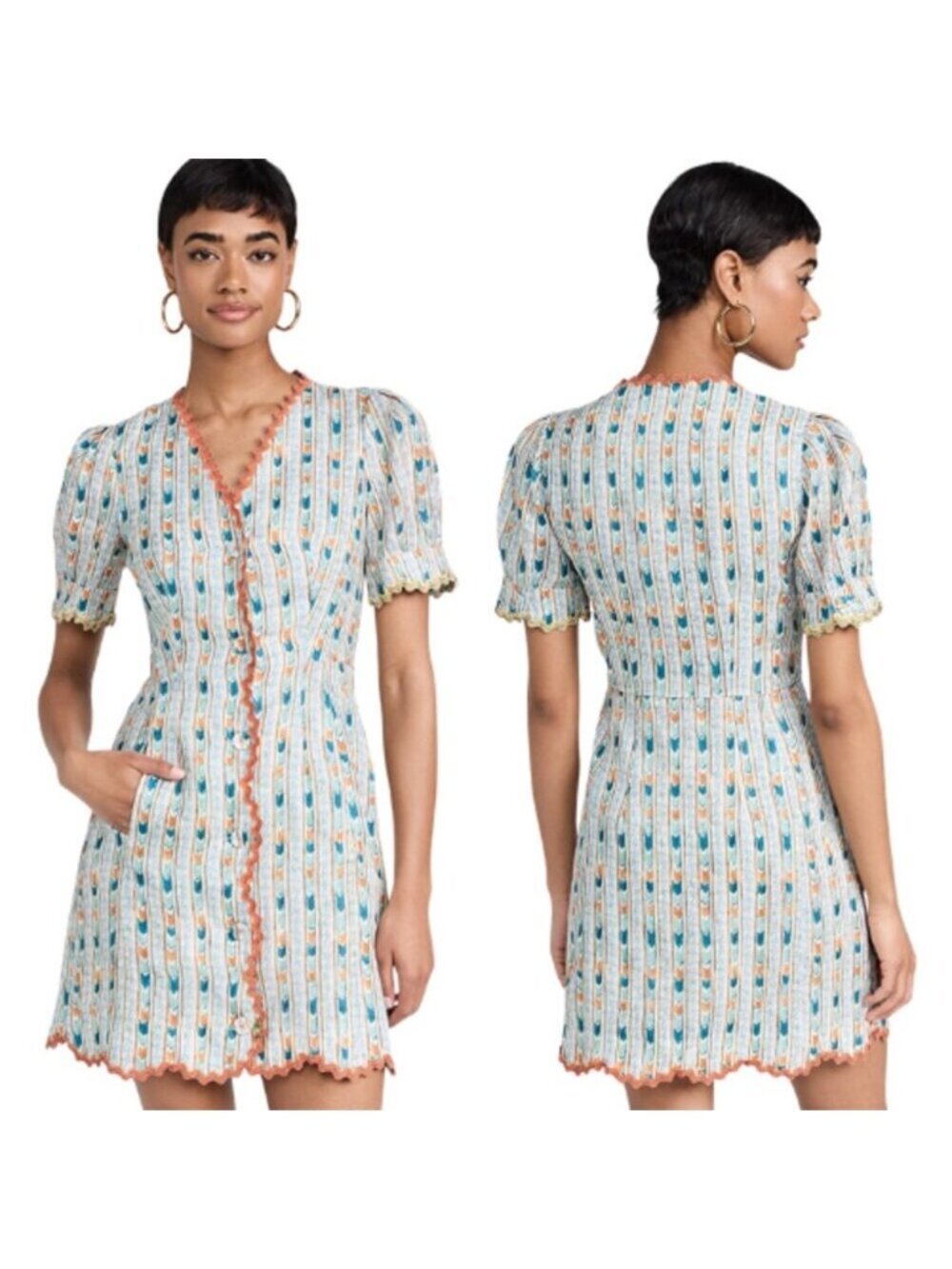 NWT Saloni London Marlee Embroidered Linen Mini Dress Blue Orange Size: 12
